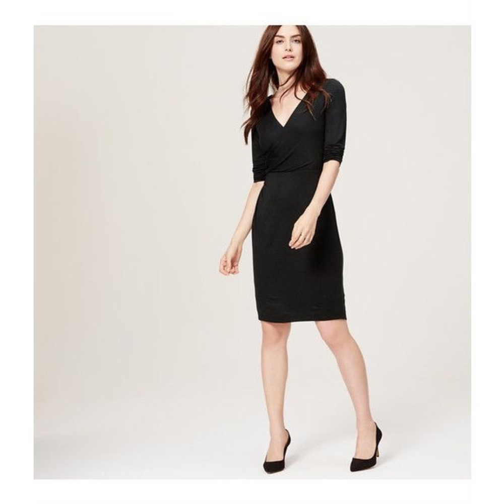 NWT LOFT black 3/4 sleeve wrap midi dress